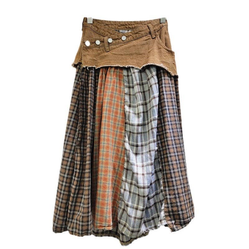 Spliced Plaid Denim High Waist A-Line Midi Skirt Robin Boutique