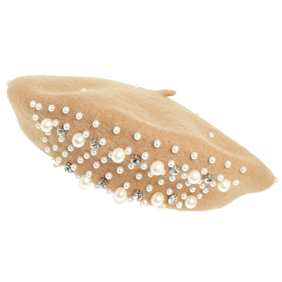 Pearl Rhinestone Embellished Wool Blend Beret Hat