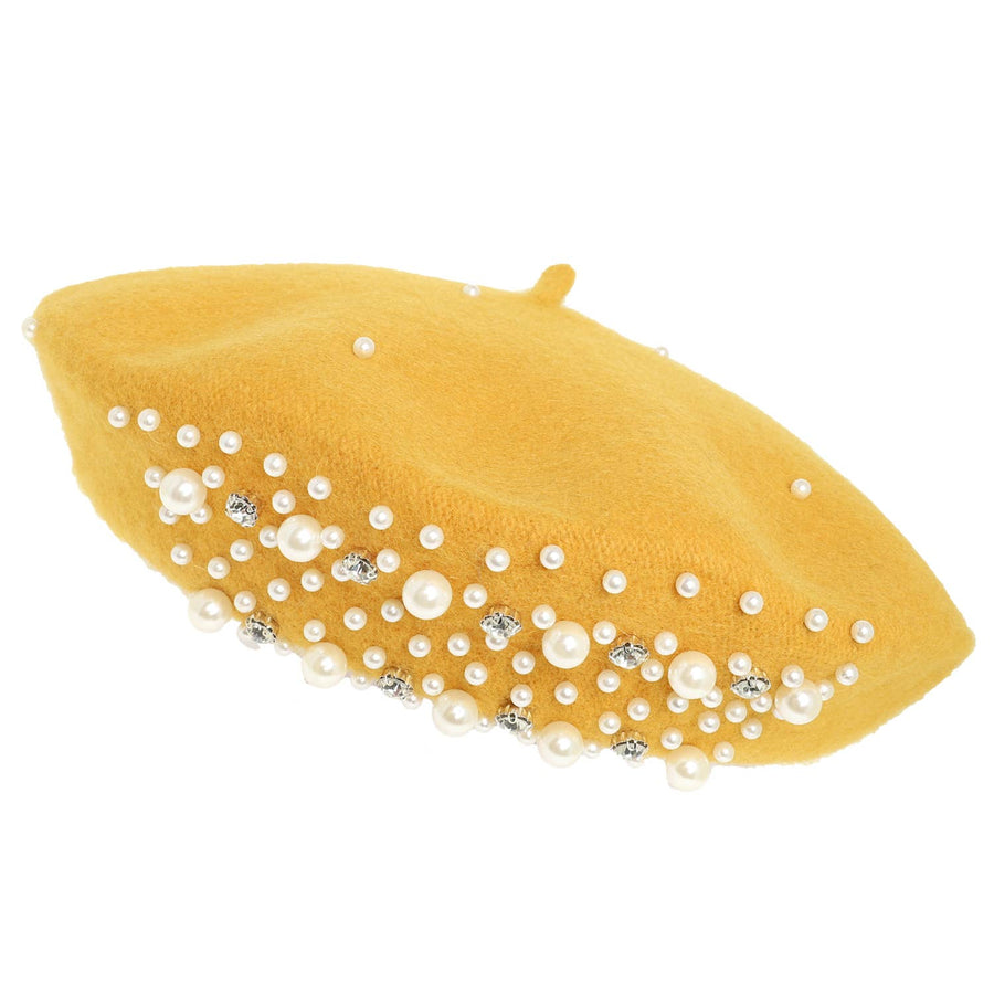 Pearl Rhinestone Embellished Wool Blend Beret Hat