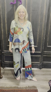 Palazzo Sweater Pant in Happy Place Print by Inoah