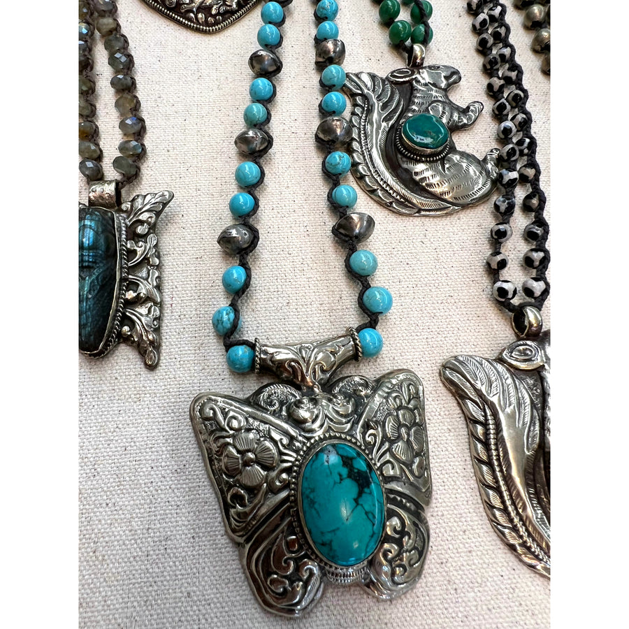 Turquoise and Beaded Ornate Butterfly Necklace - Robin Boutique