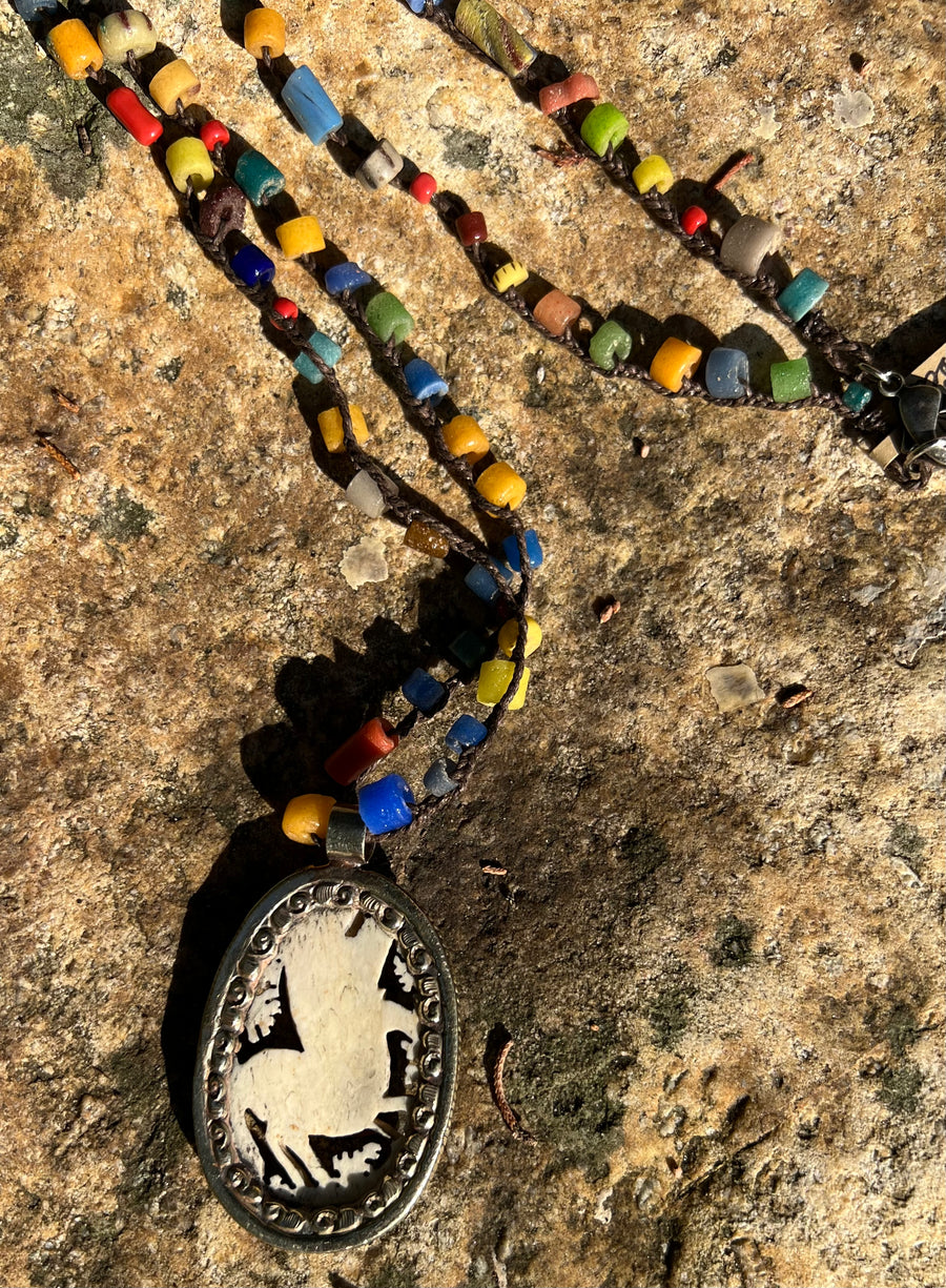 Carved Open Bone Unicorn Necklace in Silver Casing with African Glass Beads - Robin Boutique-Boutique 