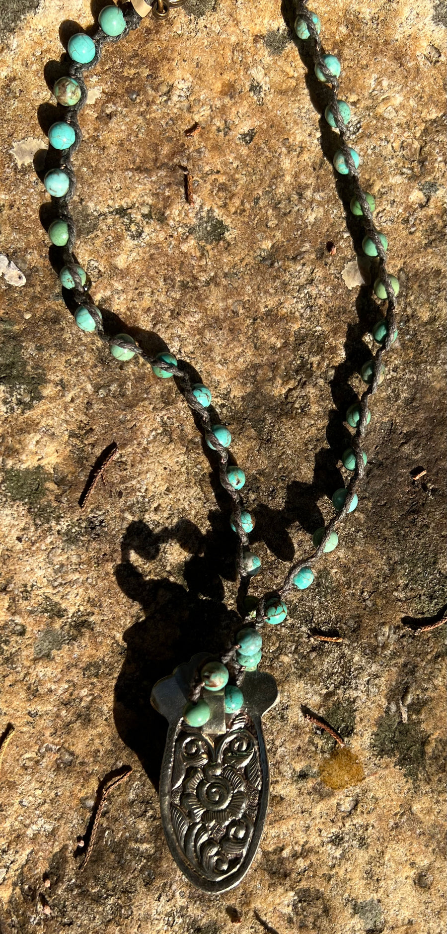 Carved Bone Wolf Necklace in Ornate Silver Casing and Turquoise Beaded Chain - Robin Boutique-Boutique 