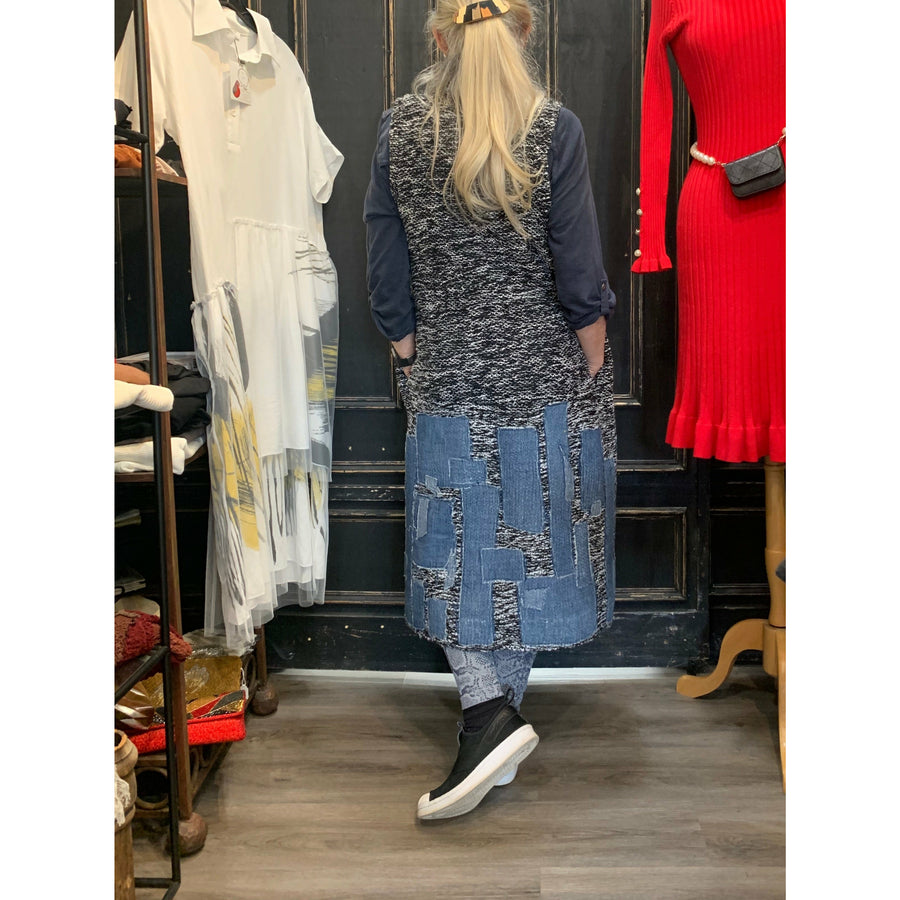 Black and White Cardigan Duster with Appliquéd Denim - Robin Boutique-Boutique 
