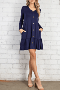 Long Sleeve Navy Button Down Dress FSL - Robin Boutique-Boutique 