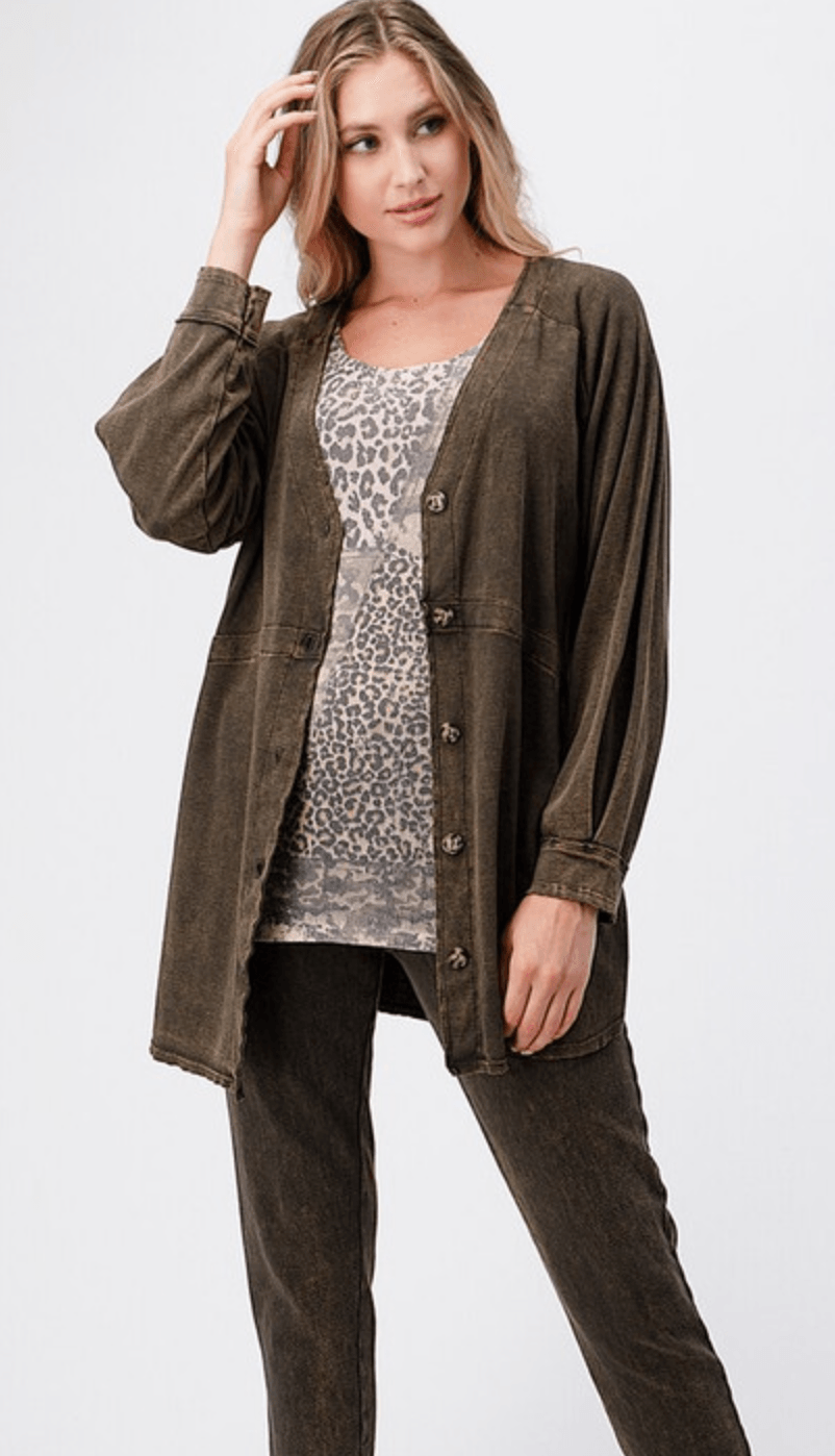 Mineral Wash Long Sleeve Button Closure Jacket - Robin Boutique-Boutique 
