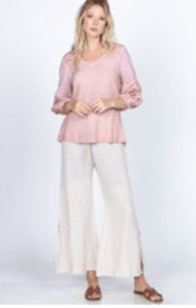 M.Rena Oil Washed Mixed Media Woven Cross Hatch & Knit Slub V Neck Puff Sleeve Top - Robin Boutique-Boutique 