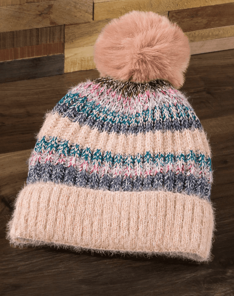 Metallic Striped Pom Pom Knit Hat 5117 - Robin Boutique-Boutique 