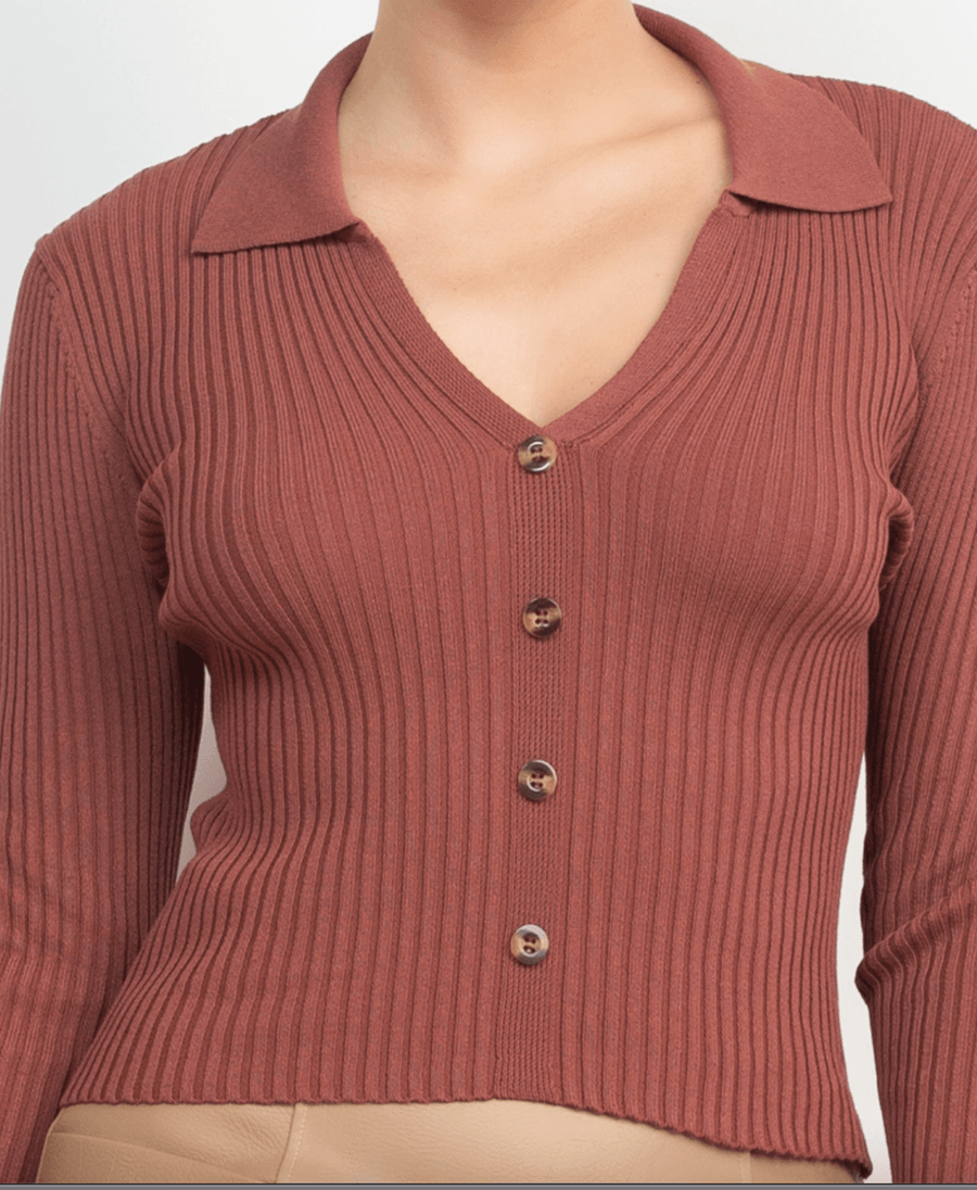 Ribbed long sleeve VNeck Henley style sweater HMSW50379 - Robin Boutique-Boutique 