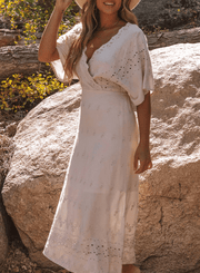 Ecru Embroidered Wrap Dress 72425 LS - Robin Boutique-Boutique 