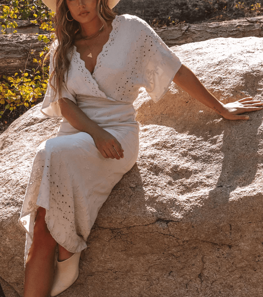 Ecru Embroidered Wrap Dress 72425 LS - Robin Boutique-Boutique 