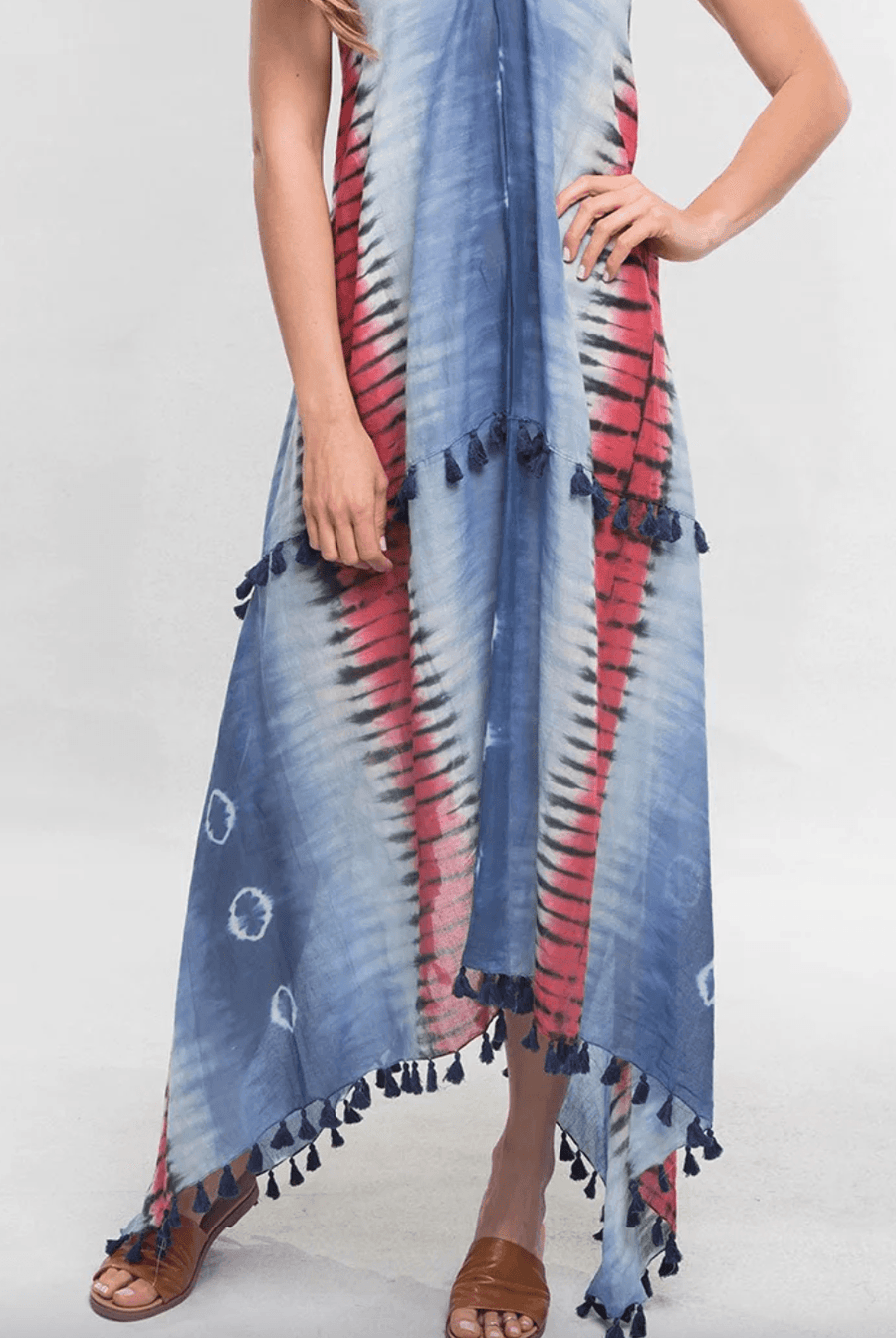 Tie Dye Halter Dress with Tassels and Front Ties. 70465W LS - Robin Boutique-Boutique 