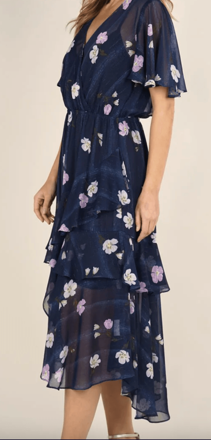 Navy Floral Print dress with ruffles LS 71717WL - Robin Boutique-Boutique 