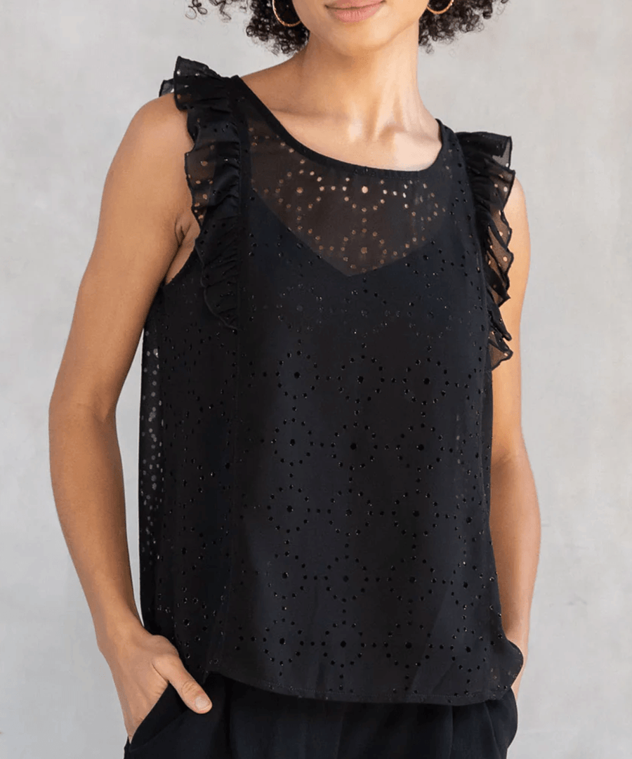 LS 13760WL Sheer Chiffon Metallic Ruffled Sleeve Tank Top by Lovestitch - Robin Boutique-Boutique 