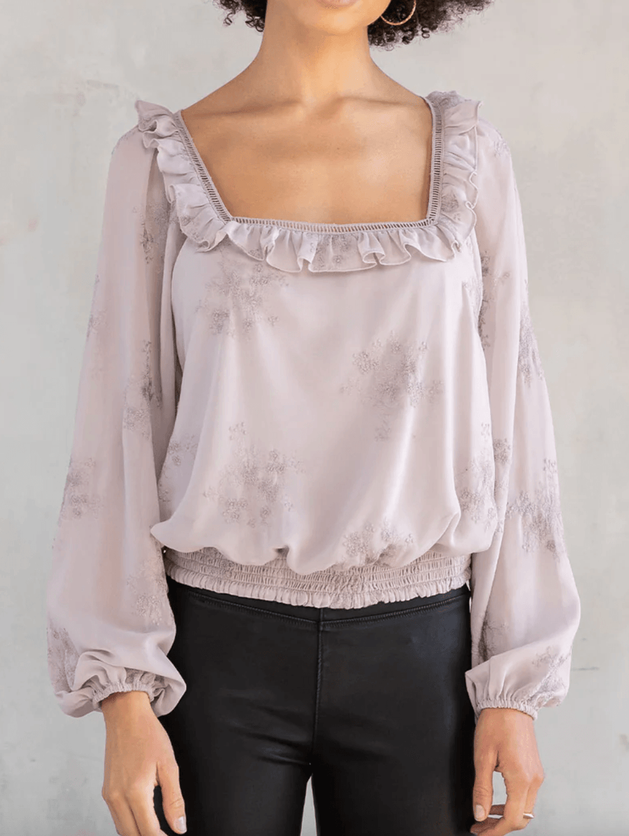 LS 13764WL Floral Embroidered Long Sleeve Cropped Blouse - Robin Boutique-Boutique 
