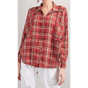 Long Sleeve Plaid Button Down Flannel Collared Shirt - Robin Boutique-Boutique 