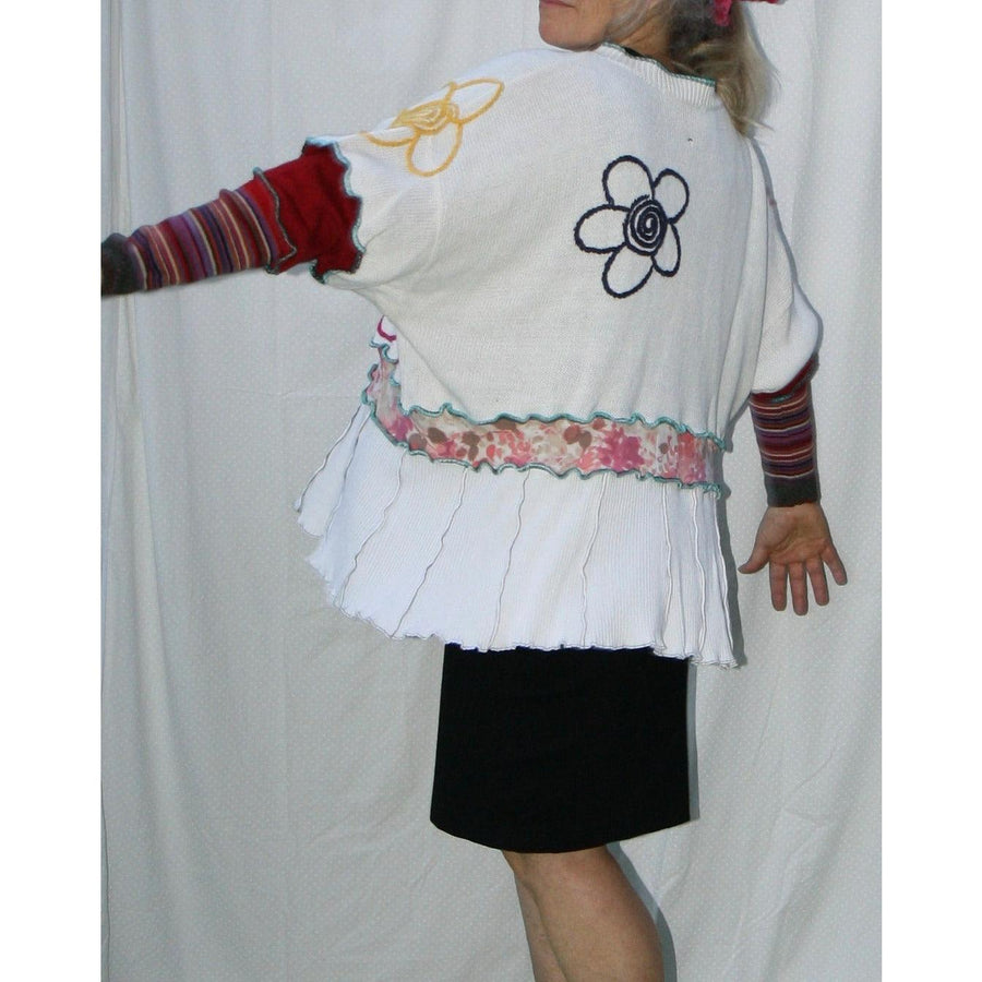 Vegan Cotton Knit Cardigan Sweater Jumper With Whimsical Embroidered Flowers and Button Neck. White. Size XL or 1XL - Robin Boutique-Boutique 