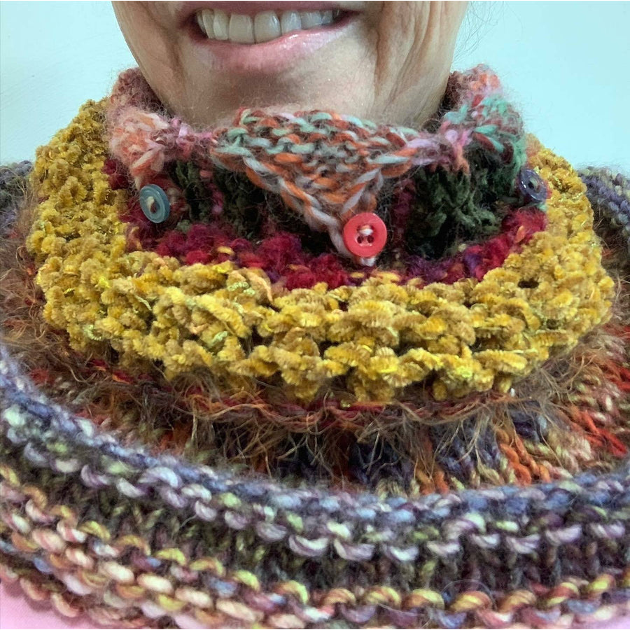 Hand knit soft infinity scarf shoulder wrap adornment with multiple stitch and color textures - Robin Boutique-Boutique    &.  Reloved Fabrics