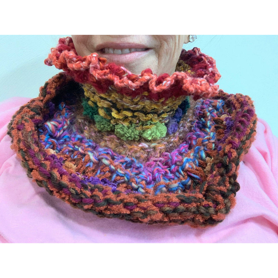 Hand knit in one piece soft infinity scarf adornment with multiple stitch and color textures. Winter scarf. - Robin Boutique-Boutique    &.  Reloved Fabrics