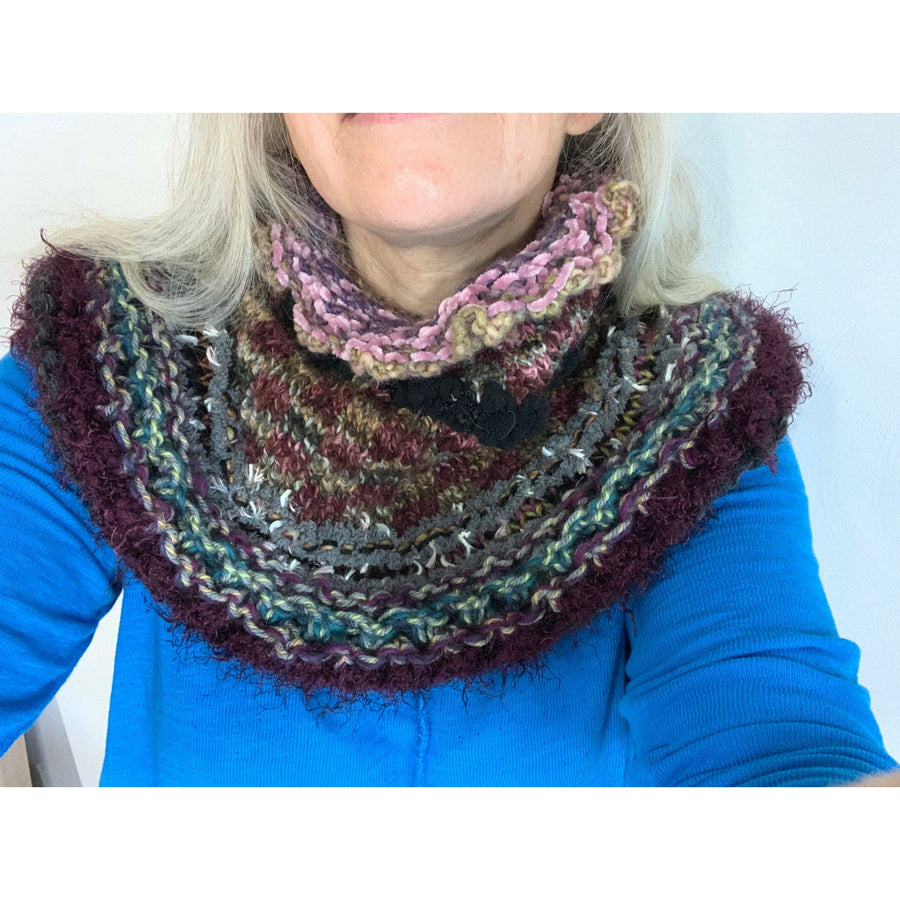Long Hand knit in one piece soft infinity scarf adornment with multiple stitch and color changes. Winter scarf. - Robin Boutique-Boutique    &.  Reloved Fabrics