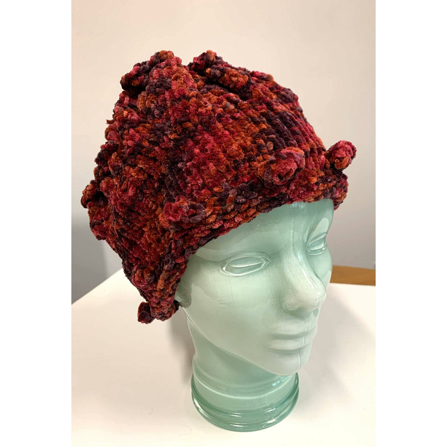Hand knit soft bulky textural cotton chenille hat in burnt red color with popcorns. - Robin Boutique-Boutique    &.  Reloved Fabrics
