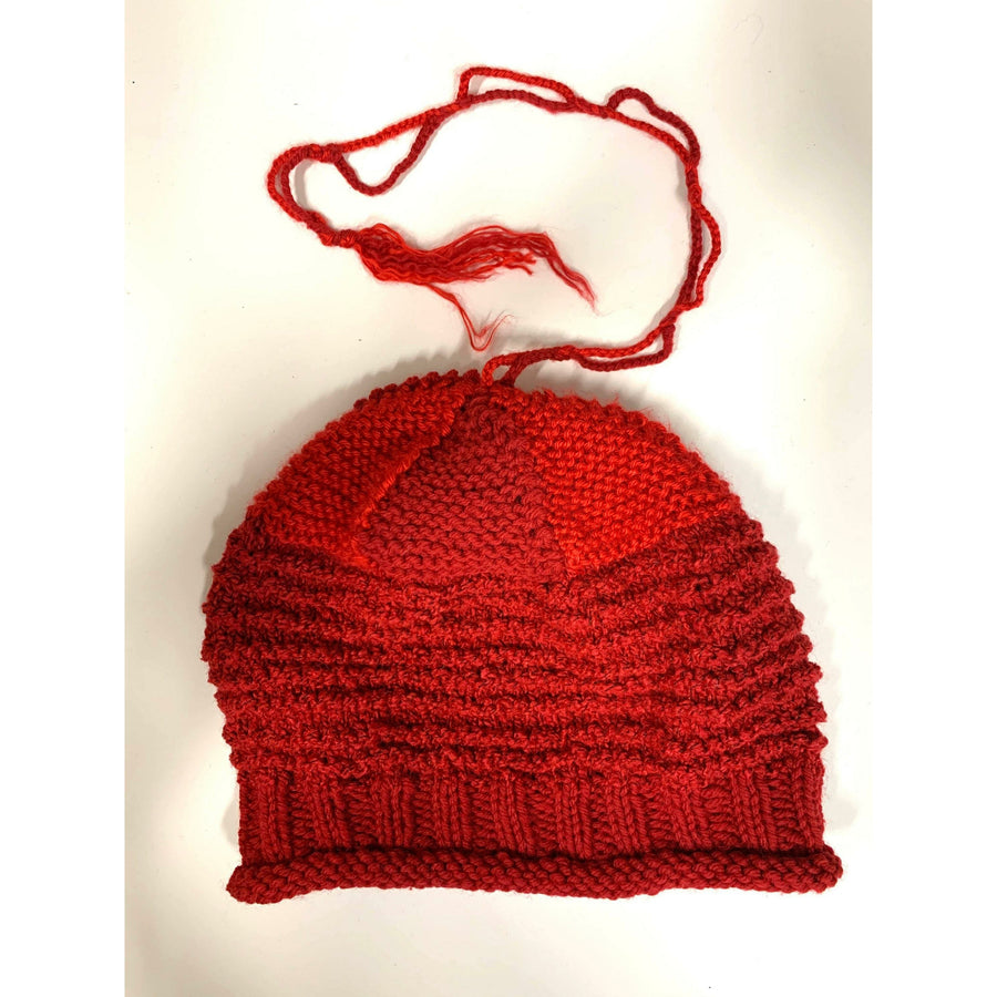 Hand knit red slouchie hat with many textures and fun tail. Vegan = no wool. Freee shipping - Robin Boutique-Boutique    &.  Reloved Fabrics