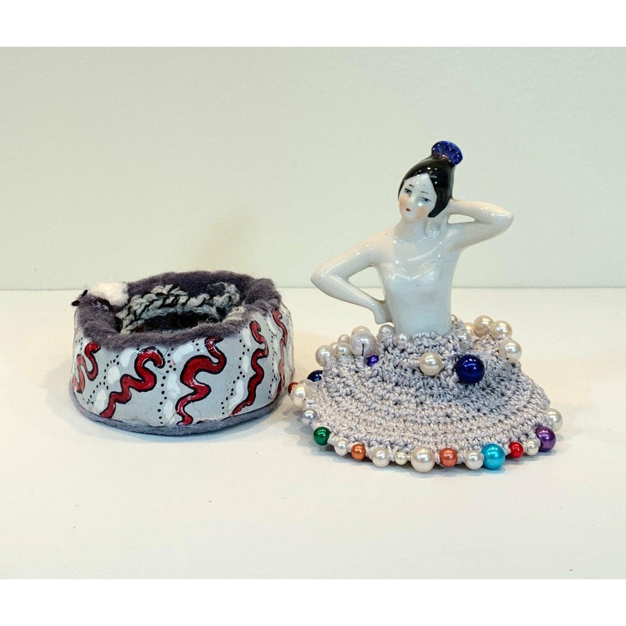 Whimsical fun vintage half porcelain doll trinket box. Handmade box with doll in her skirt for the topper. Wedding gift. Jewelry box. - Robin Boutique-Boutique 