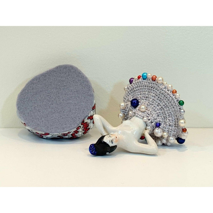 Whimsical fun vintage half porcelain doll trinket box. Handmade box with doll in her skirt for the topper. Wedding gift. Jewelry box. - Robin Boutique-Boutique 