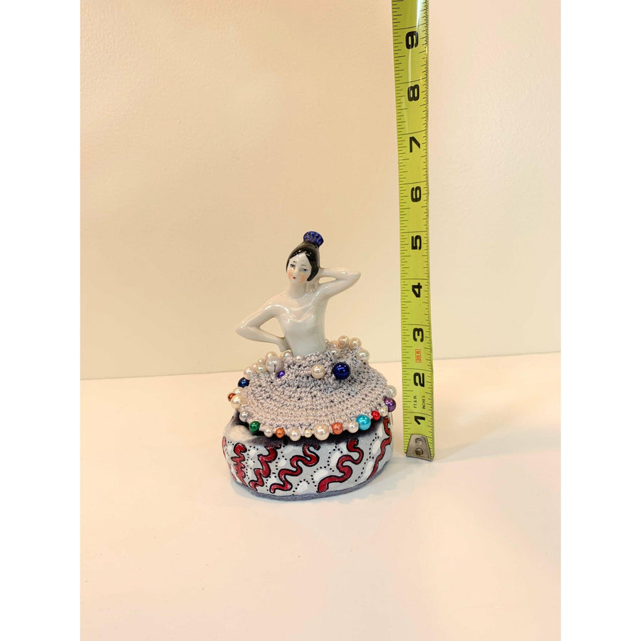 Whimsical fun vintage half porcelain doll trinket box. Handmade box with doll in her skirt for the topper. Wedding gift. Jewelry box. - Robin Boutique-Boutique 
