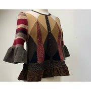 Button front argyle knit cardigan jumper sweater in brown with accents. Wool. Repurposed n new fabrics. Size XSmall, Small to Medium. - Robin Boutique-Boutique    &.  Reloved Fabrics