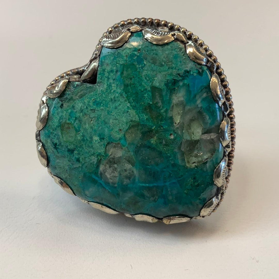 Chrysocola and Silver Adjustable Heart Ornate Ring - Robin Boutique-Boutique 