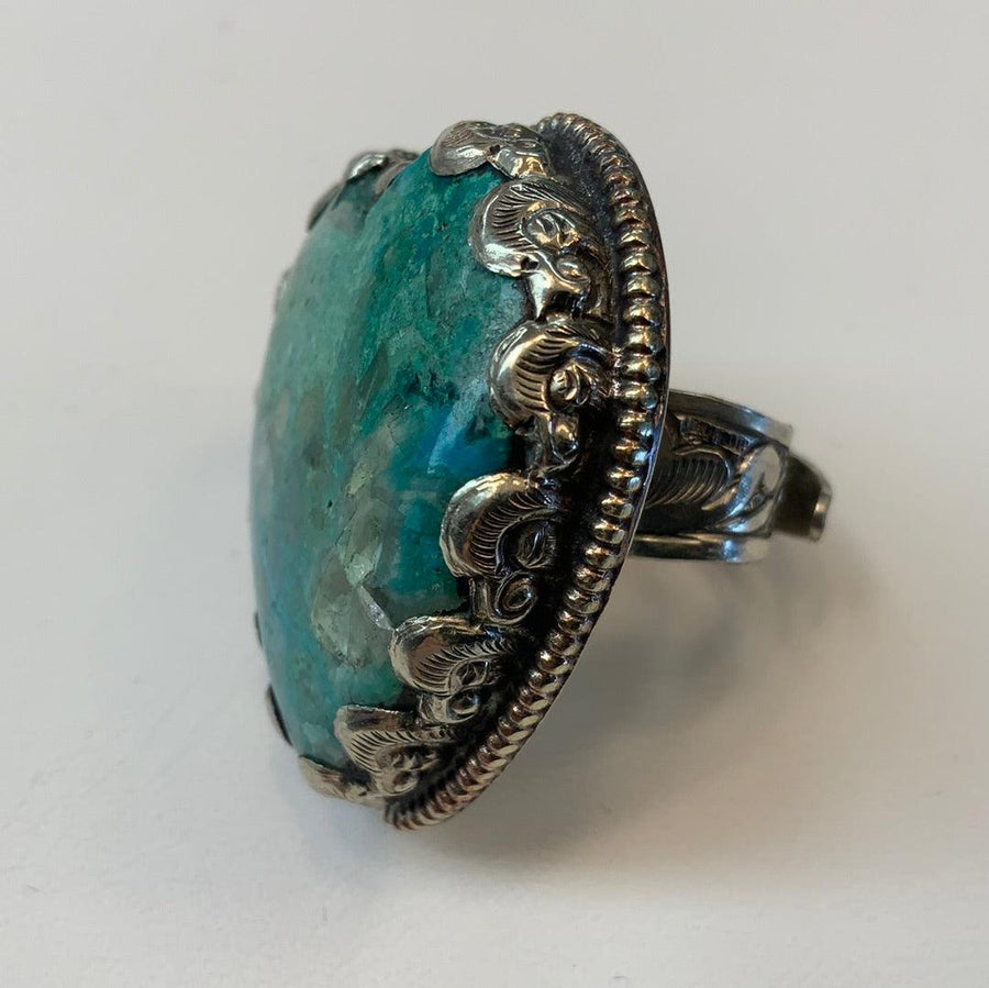 Chrysocola and Silver Adjustable Heart Ornate Ring - Robin Boutique-Boutique 